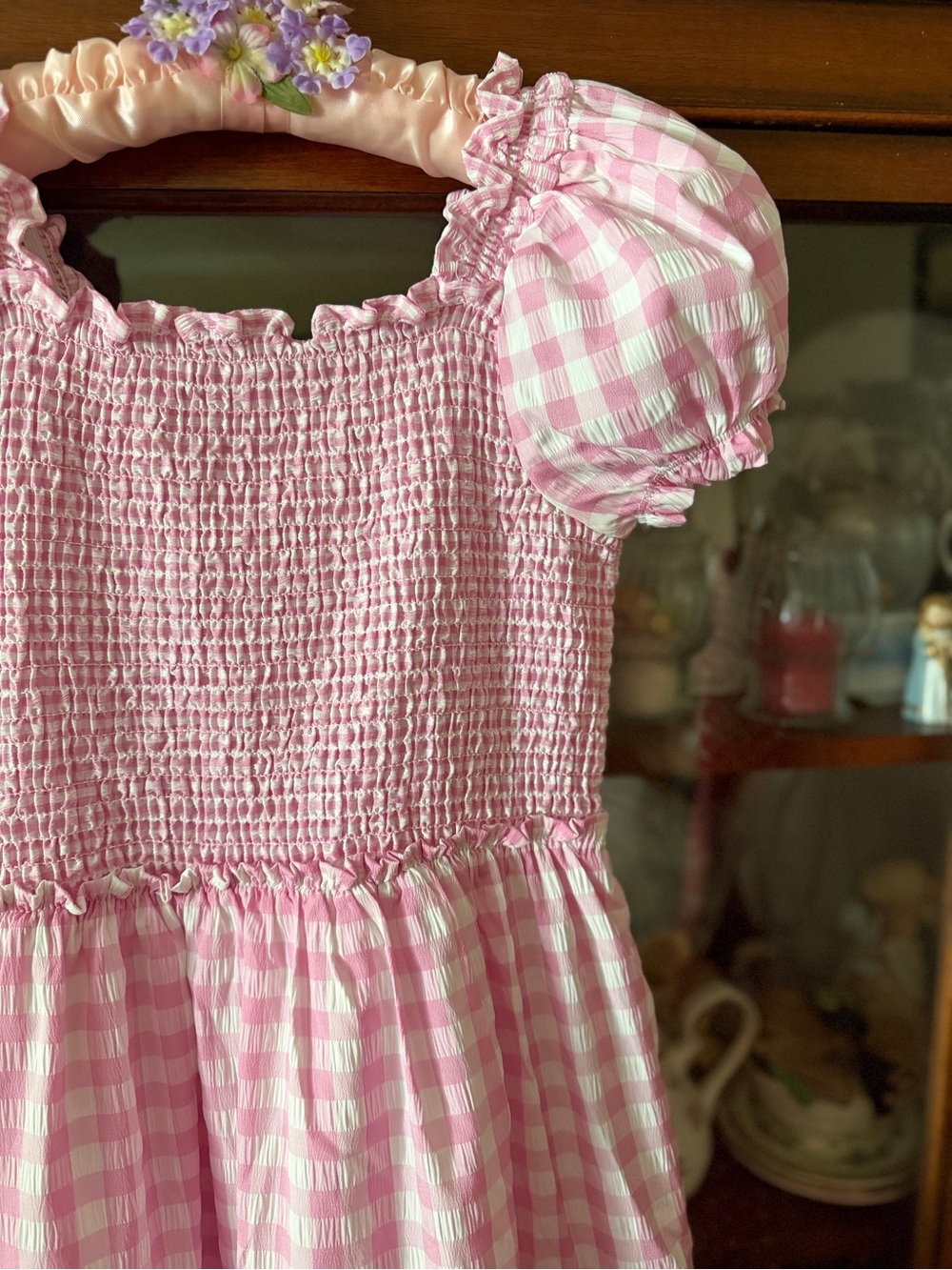 Pink Gingham Girls cottage core Maxi dress with ruffle - Picture 6 of 8